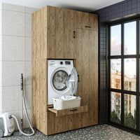 Roomart Schrankwand & Hochschrank Weiß Schwaz Eiche Badschrank Mehrzweckschrank- schrank, badezimmerschrank, waschmaschinenschrank, badschrank, badezimmermöbel, waschmaschinenregal, waschturm, hochschrank, bad, möbel, weiß, waschmaschinen, unterschrank, w