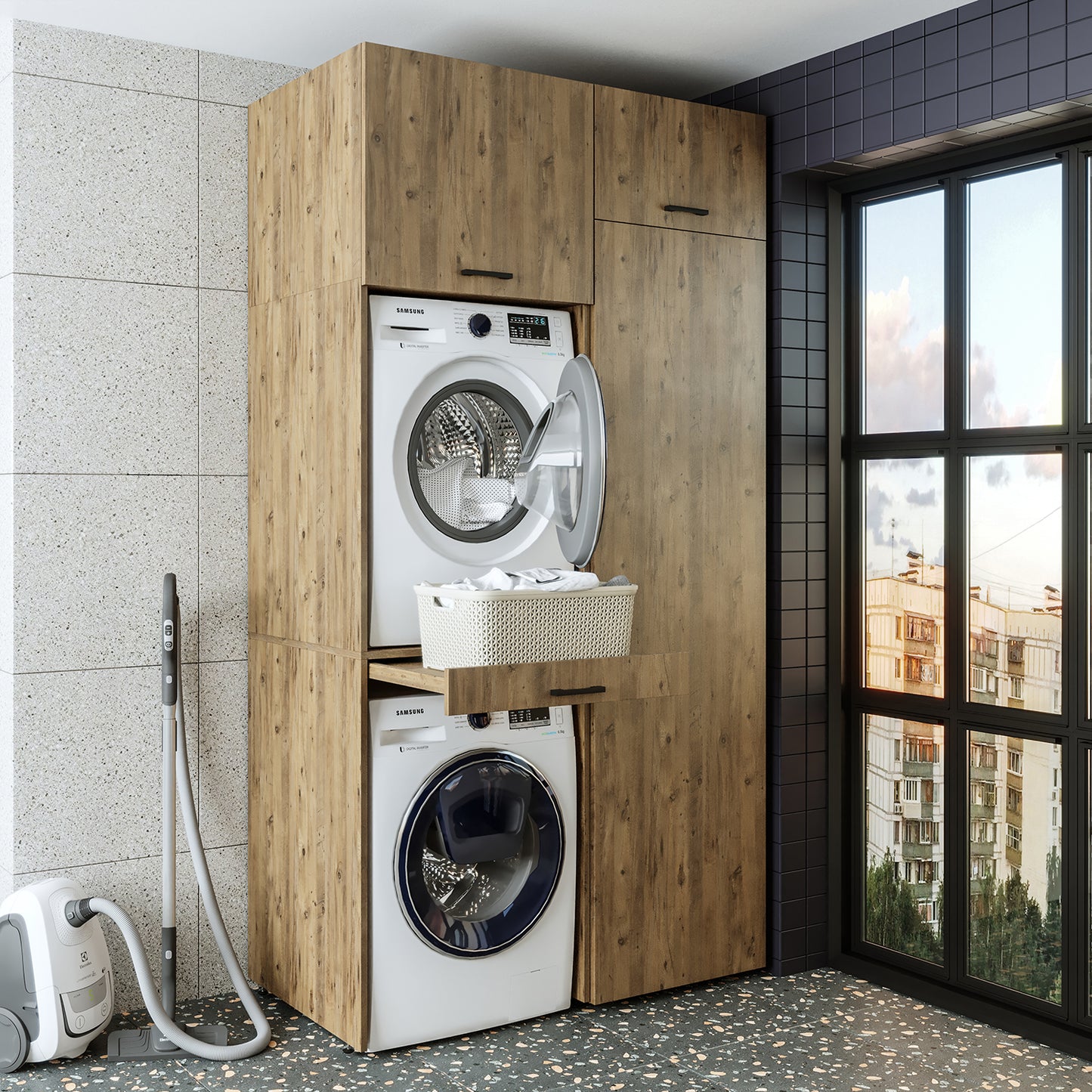 Sèche-linge mural Roomart sur lave-linge • 127 cm de large • Blanc • Chêne noir