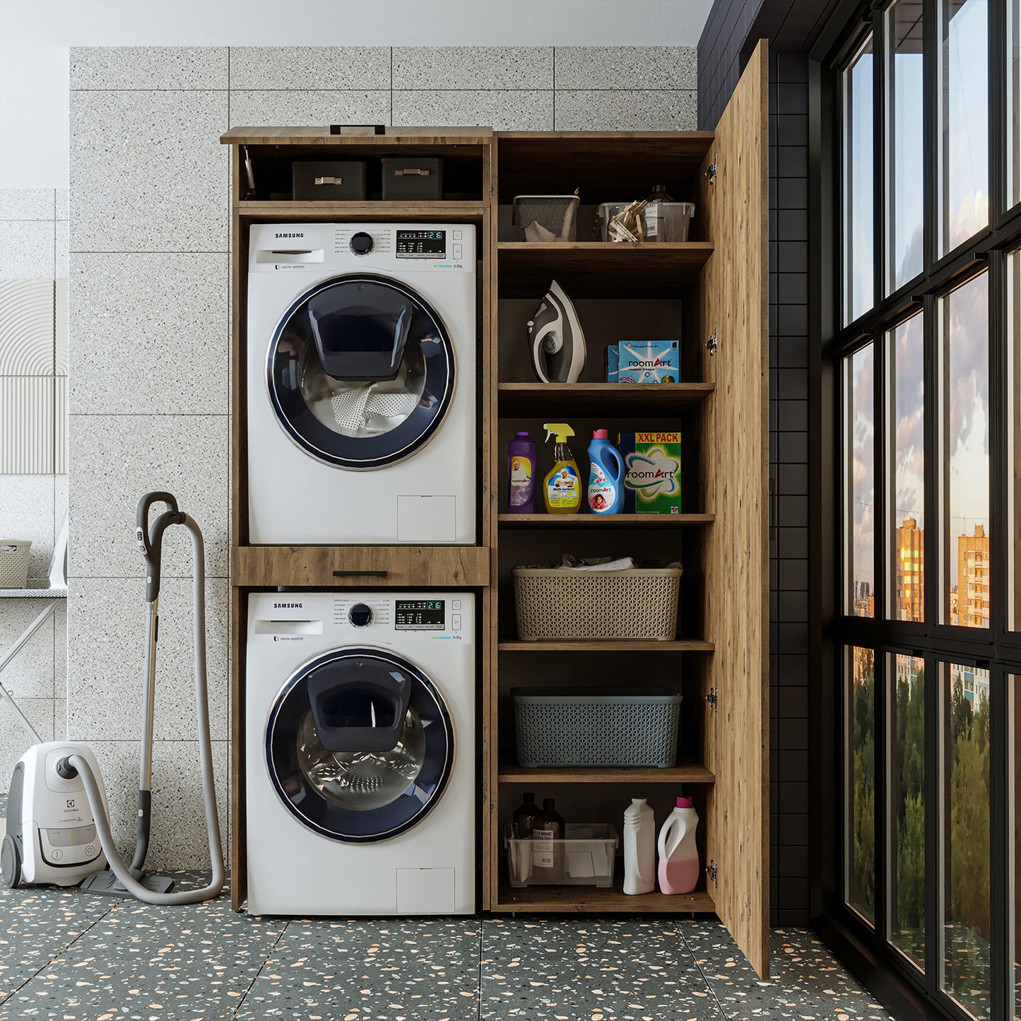 Sèche-linge mural Roomart sur lave-linge • 127 cm de large • Blanc • Chêne noir