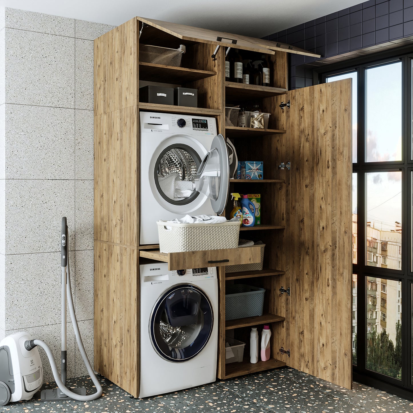 Sèche-linge mural Roomart sur lave-linge • 127 cm de large • Blanc • Chêne noir