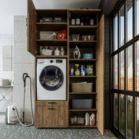 Roomart Schrankwand & Hochschrank Weiß Schwaz Eiche Badschrank Mehrzweckschrank- schrank, badezimmerschrank, waschmaschinenschrank, badschrank, badezimmermöbel, waschmaschinenregal, waschturm, hochschrank, bad, möbel, weiß, waschmaschinen, unterschrank, w