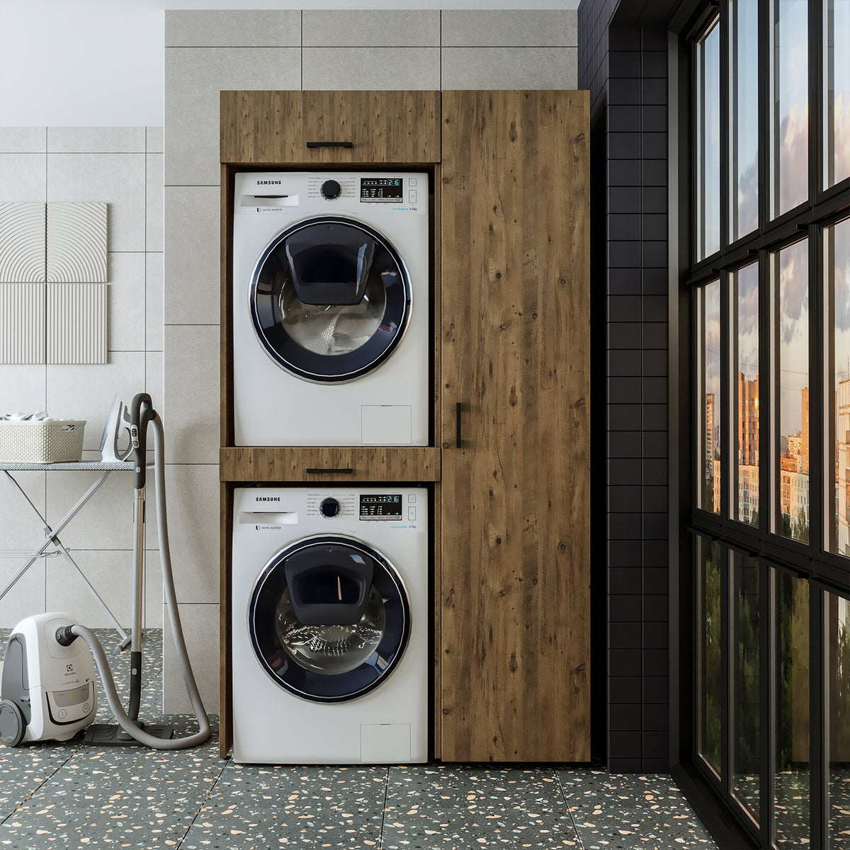 Roomart Waschmaschinenschrank, Trockner auf Waschmaschine • 112 cm breit • In 3 Farben - waschmaschinenschrank, waschmaschinenregal, waschturm, schrank, weiß, waschmaschinen, unterschrank, waschmaschine, trockner, haushaltsschrank, schränke, badschrank, h