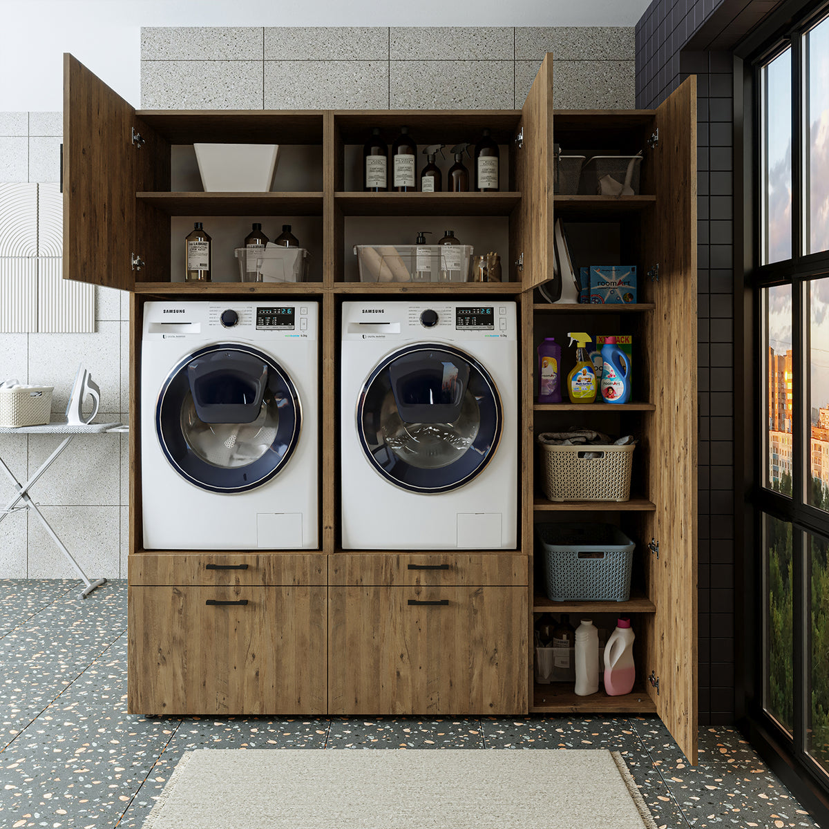 Roomart Waschmaschinenschrank SERIE 2, Überbauschrank mit Ausziehbrett und Hochschrank, in 3 Farben