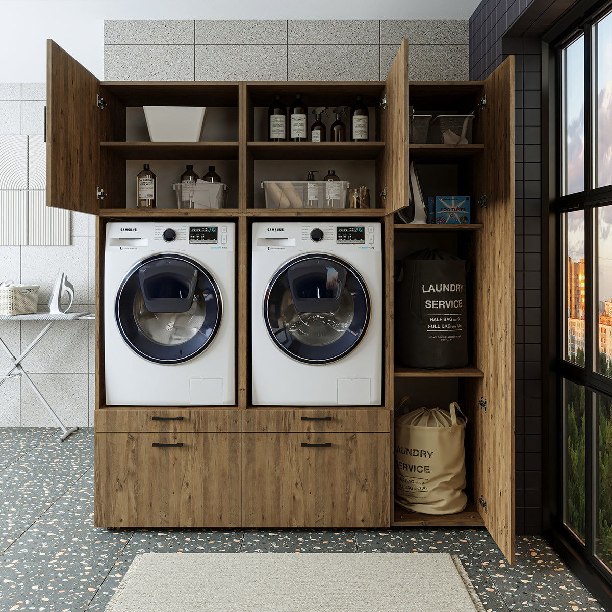 Roomart Waschmaschinenschrank SERIE 2, Überbauschrank mit Ausziehbrett und Hochschrank, in 3 Farben