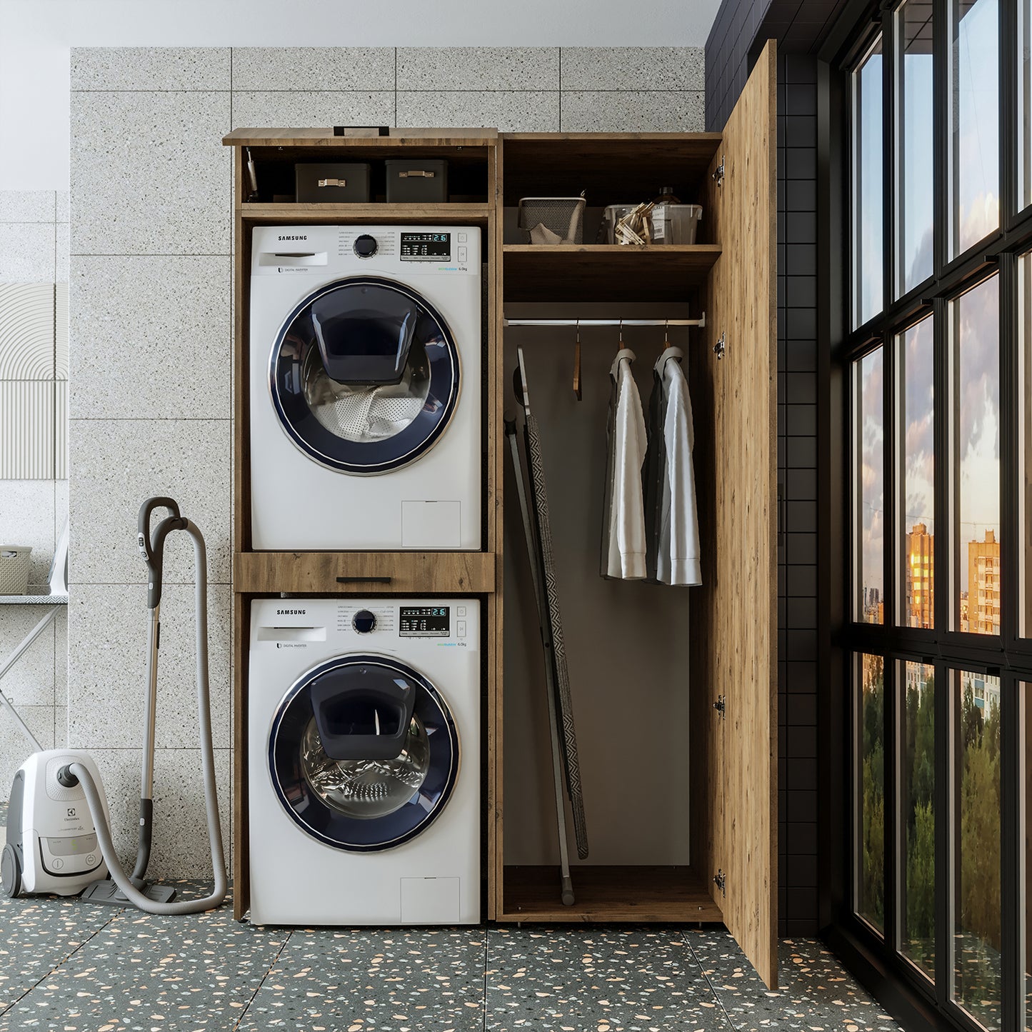 Sèche-linge mural Roomart sur lave-linge • 127 cm de large • Blanc • Chêne noir