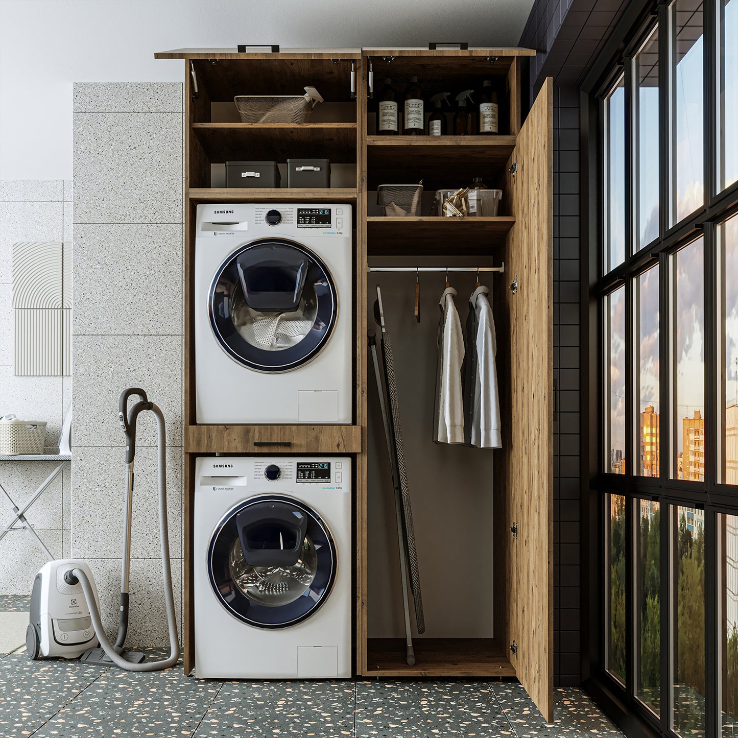 Sèche-linge mural Roomart sur lave-linge • 127 cm de large • Blanc • Chêne noir