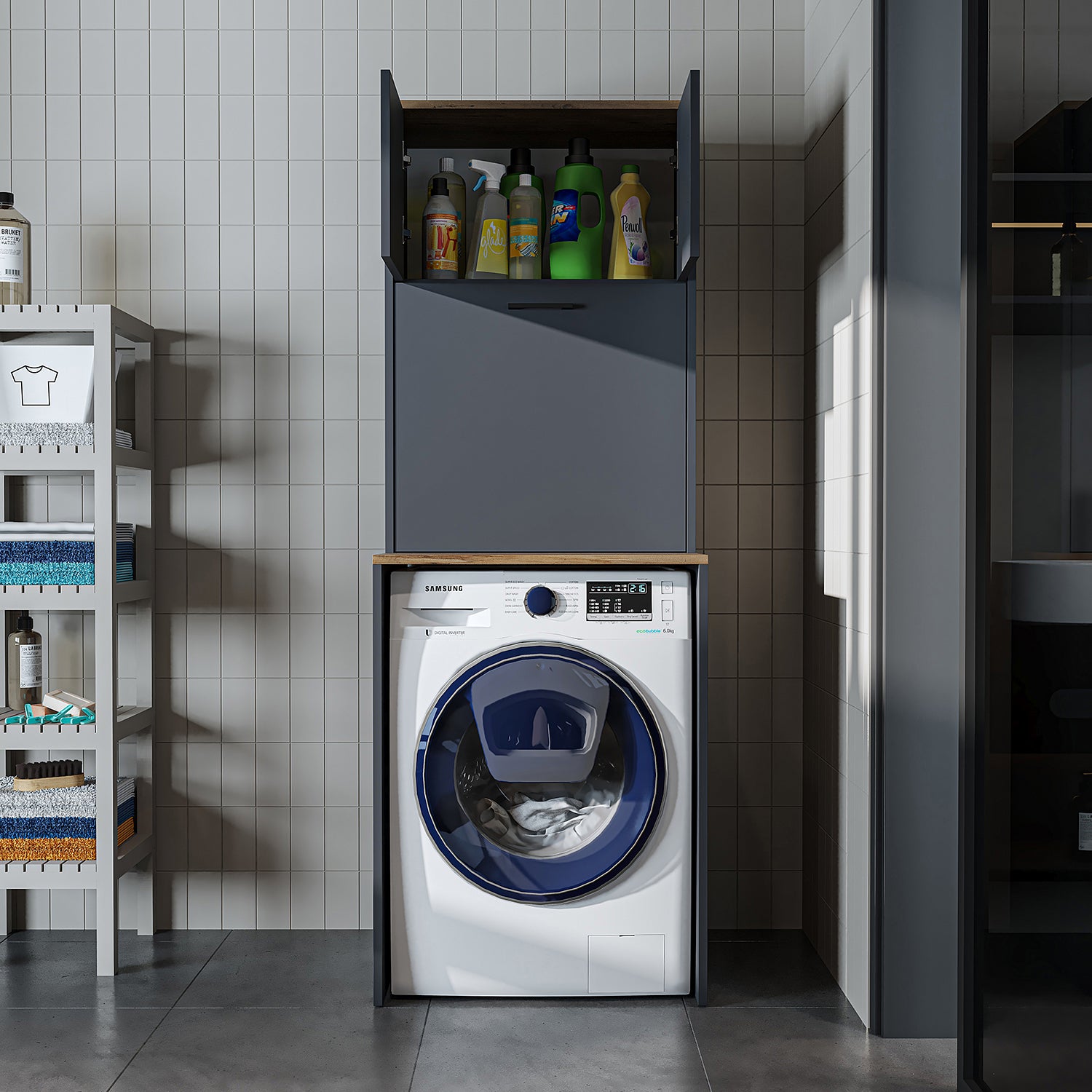 Roomart, Waschmaschinenschrank LUNA, Waschmaschinenüberbau mit Wäschekorb, BHT: 65 X 181 X 65 cm, in Weiß, Eiche, Anthrazit Eiche, Eiche - waschmaschinenschrank, waschmaschinenregal, waschturm, schrank, weiß, waschmaschinen, unterschrank, waschmaschine, t