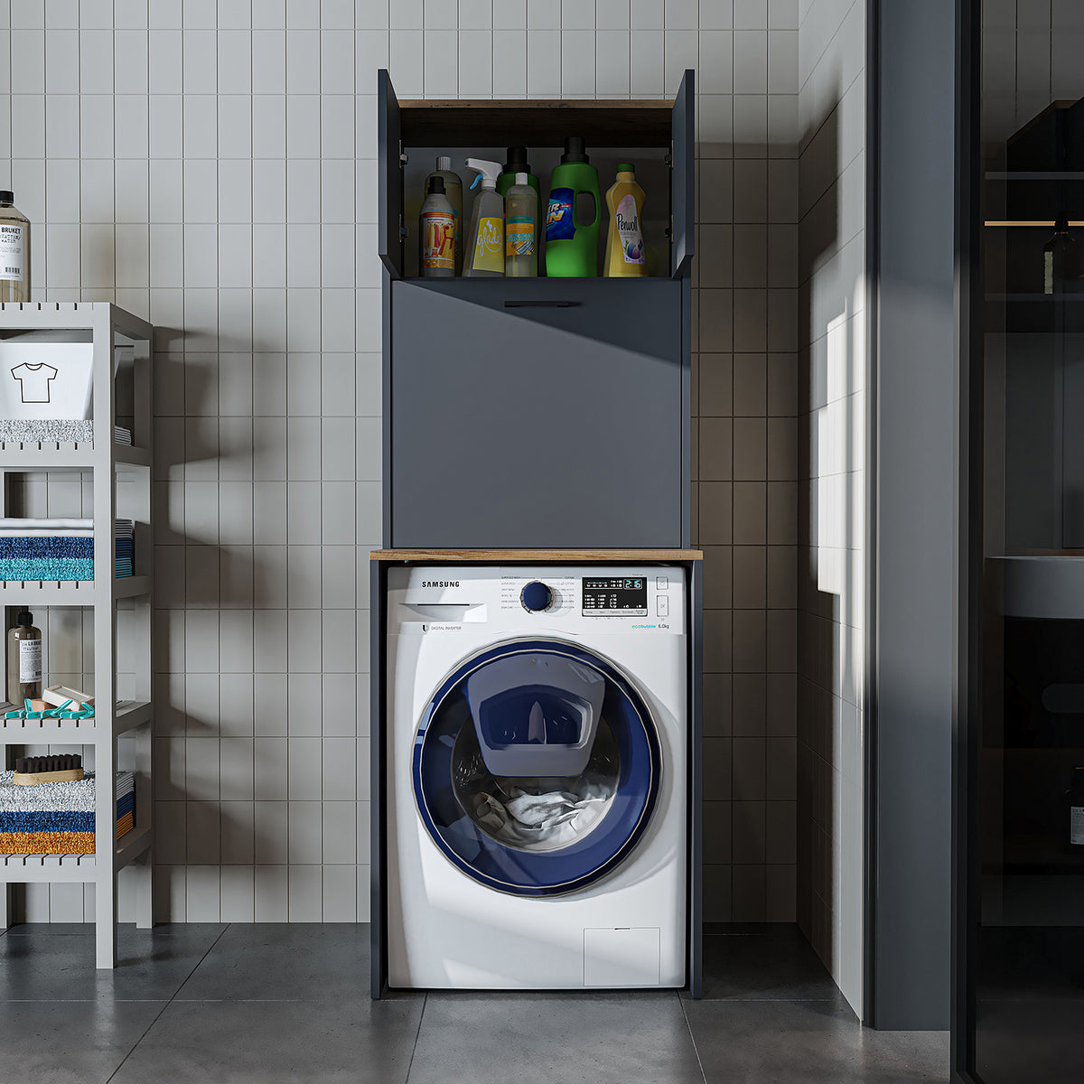 Roomart, washing machine cabinet LUNA, washing machine superstructure with laundry basket, WDH: 65 X 181 X 65 cm, in white, oak, anthracite oak, oak - washing machine cabinet, washing machine shelf, washing tower, cabinet, white, washing machines, base cabinet, washing machine, t
