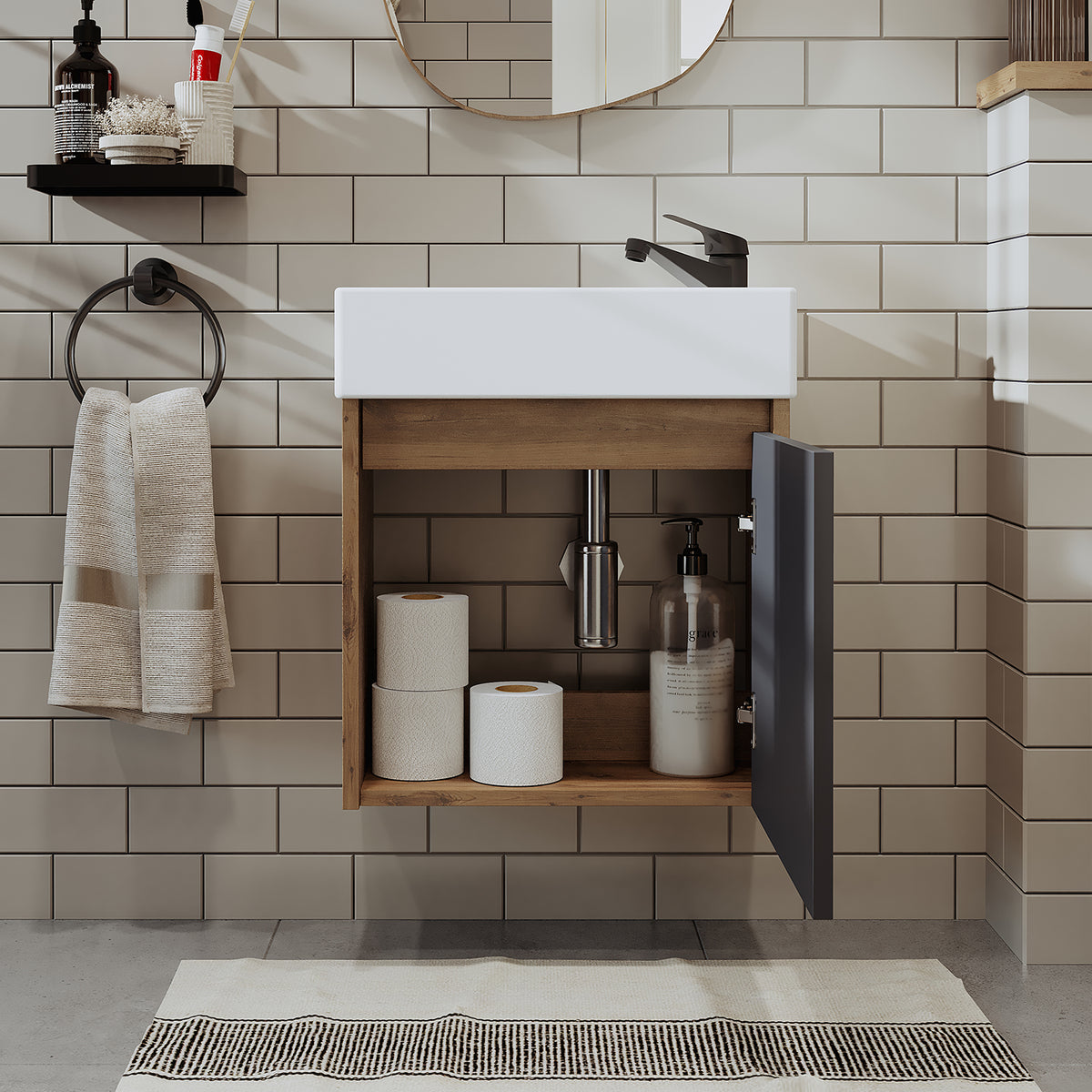 Roomart, mobile da bagno MINI con lavabo 50cm per WC ospiti in 5 colori - e, mobile a specchio, economico, set, mobili, senza, sifone, ceramica, set mobili bagno, set mobili bagno, stile casa di campagna, lavabo, lavabo, mobile bagno, lavabo da appoggio