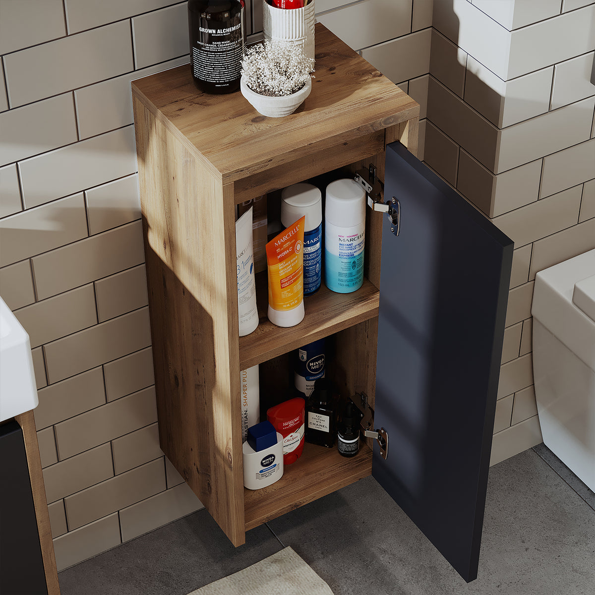 Roomart Badezimmer Seitenschrank, 30 cm, hängend mit Tür und offenem Fach, in 5 Farben