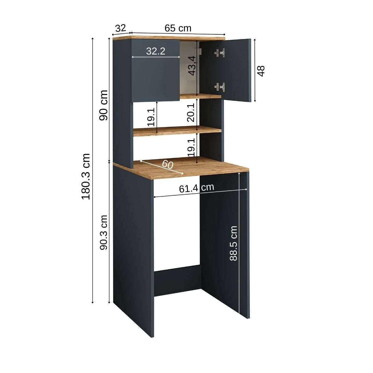 Roomart, Badezimmer Waschmaschinenschrank Atlantic, Waschmaschinenüberbau, BHT: 65 x 181 x 60 cm, in Weiß-Eiche, Anthrazit Eiche - badmöbel, set, abfluss, waschbecken, bad, möbel, badezimmer, waschbeckenunterschrank, cm, breit, modern, waschtisch, tief, m