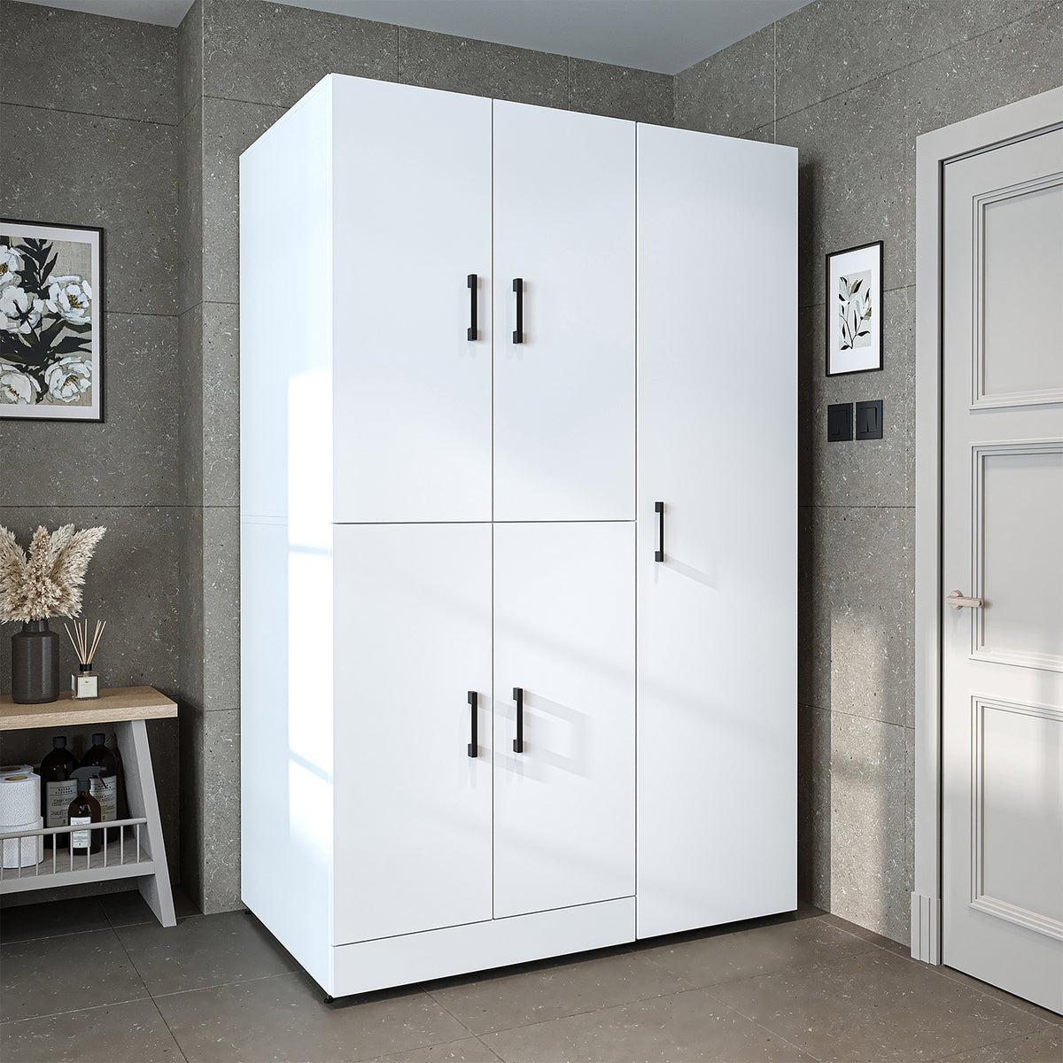 Armadio per lavatrice "DORA SET" per asciugatrice e lavatrice, larghezza 115 cm, in 4 colori, con ante e ripiano estraibile - bianco - rovere bianco - rovere antracite - rovere - armadio per lavatrice, scaffale per lavatrice, torre per lavatrice, armadio, bianco, lavatrice