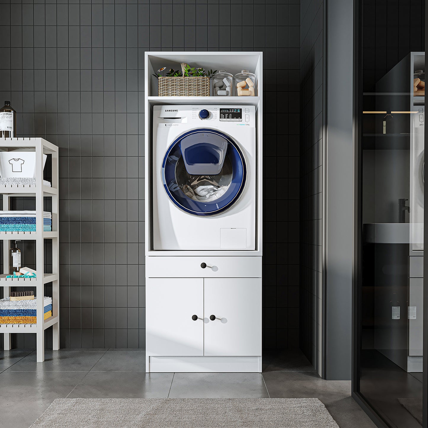 Roomart Armario para lavadora con estante extraíble - Blanco - Roble - Roble negro - armario para lavadora, estante para lavadora, torre de lavado, armario, blanco, lavadoras, armario bajo, lavadora, secadora, armario doméstico, armarios, armario de baño, armario alto