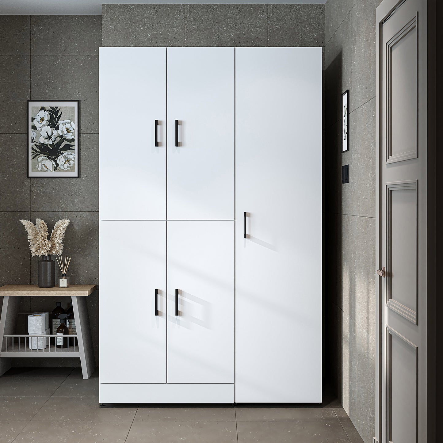 Roomart Waschmaschinenschrank " DORA SET" für Trockner & Waschmaschine, 115 cm breit, in 4 Farben, mit Türen & Ausziehbrett • Weiß • Weiß Eiche • Anthrazit Eiche • Eiche - waschmaschinenschrank, waschmaschinenregal, waschturm, schrank, weiß, waschmaschine