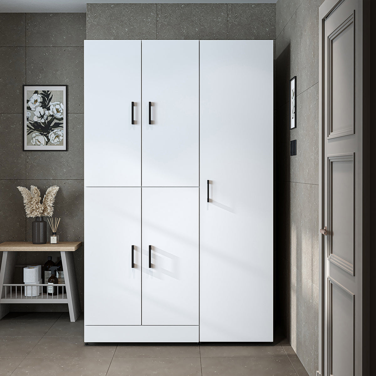 Armadio per lavatrice "DORA SET" per asciugatrice e lavatrice, larghezza 115 cm, in 4 colori, con ante e ripiano estraibile - bianco - rovere bianco - rovere antracite - rovere - armadio per lavatrice, scaffale per lavatrice, torre per lavatrice, armadio, bianco, lavatrice