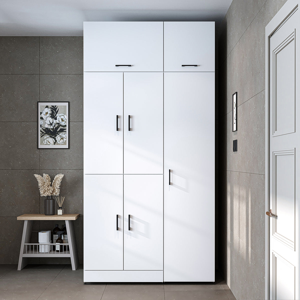 Armadio per lavatrice "DORA SET" per asciugatrice e lavatrice, larghezza 115 cm, in 4 colori, con ante e ripiano estraibile - bianco - rovere bianco - rovere antracite - rovere - armadio per lavatrice, scaffale per lavatrice, torre per lavatrice, armadio, bianco, lavatrice