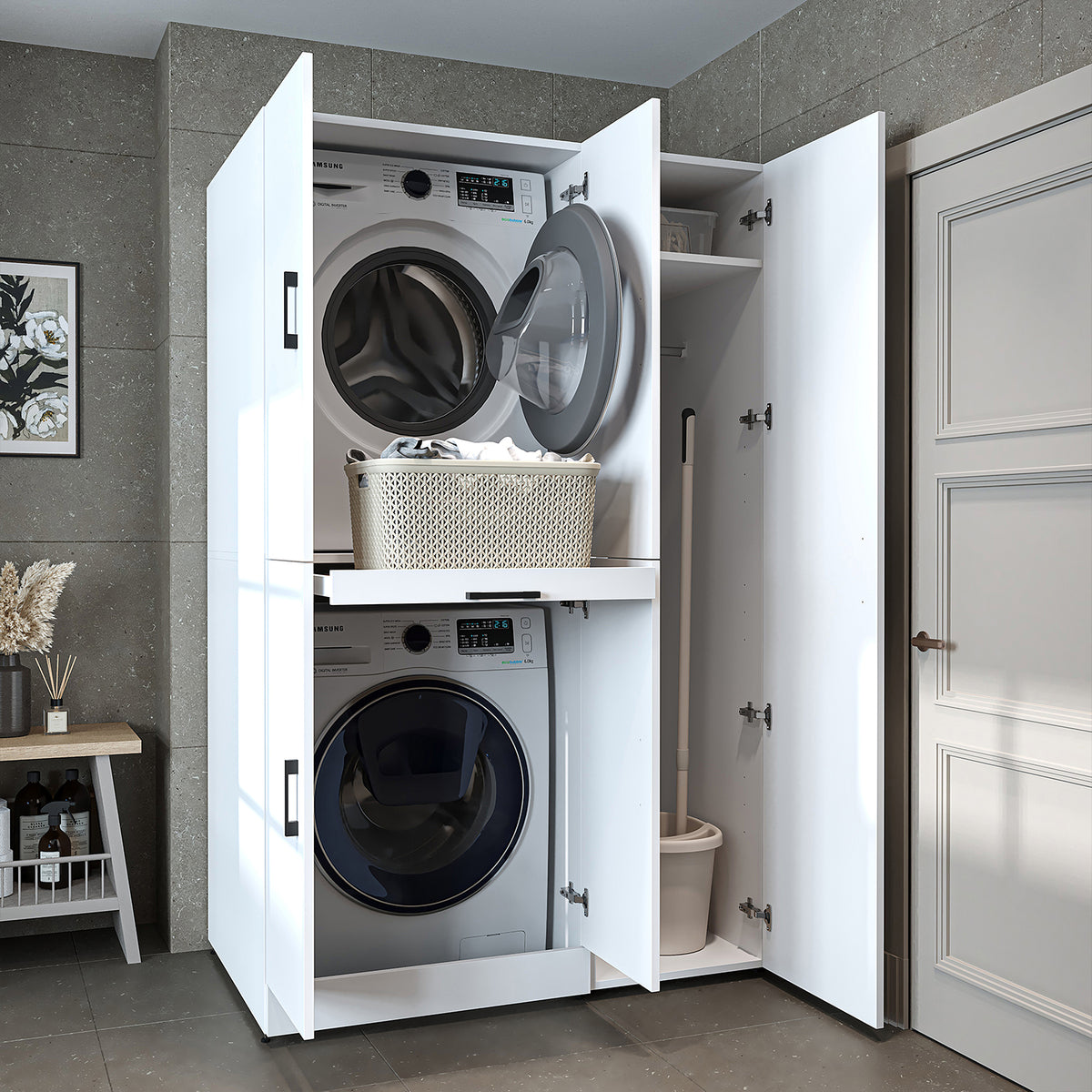 Armadio per lavatrice "DORA SET" per asciugatrice e lavatrice, larghezza 115 cm, in 4 colori, con ante e ripiano estraibile - bianco - rovere bianco - rovere antracite - rovere - armadio per lavatrice, scaffale per lavatrice, torre per lavatrice, armadio, bianco, lavatrice