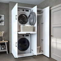 Roomart washing machine cabinet " DORA SET" for dryer & washing machine, 115 cm wide, in 4 colors, with doors & pull-out shelf - white - white oak - anthracite oak - oak - washing machine cabinet, washing machine shelf, washing tower, cabinet, white, washing machine