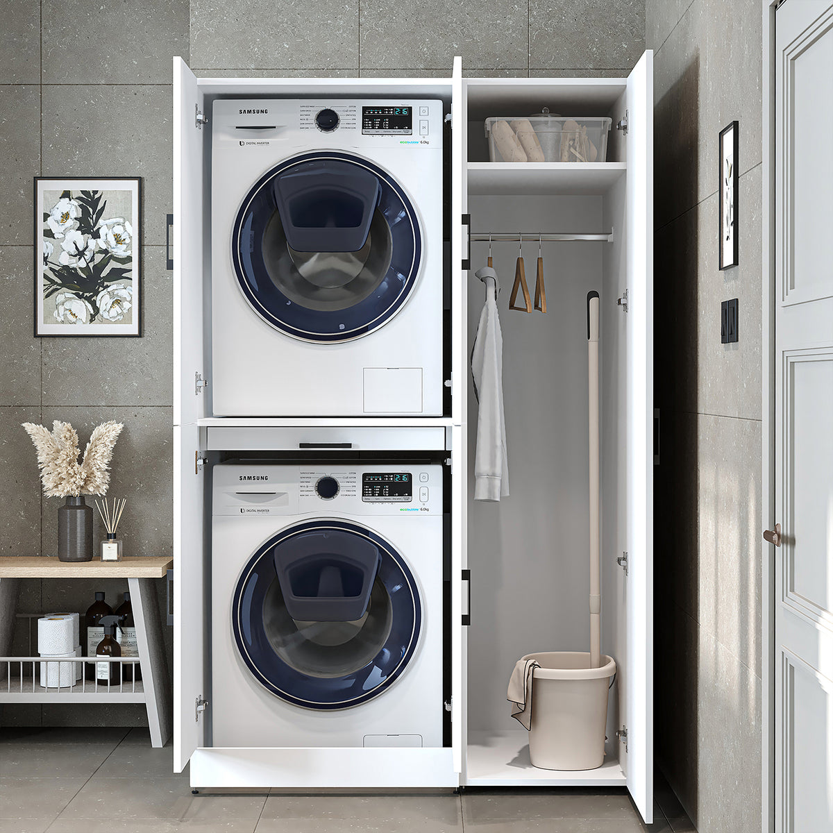 Armadio per lavatrice "DORA SET" per asciugatrice e lavatrice, larghezza 115 cm, in 4 colori, con ante e ripiano estraibile - bianco - rovere bianco - rovere antracite - rovere - armadio per lavatrice, scaffale per lavatrice, torre per lavatrice, armadio, bianco, lavatrice