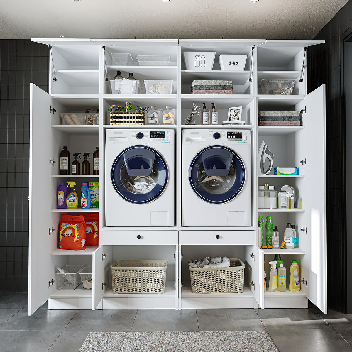 Ver detalles de Roomart Armario para lavadora y mueble alto para lavadero y cuarto de servicio - 224 cm de ancho - con práctico estante extraíble - disponible en blanco, roble o roble negro Roomart Armario para lavadora y mueble alto para lavadero y cuarto de servicio - 224 cm de ancho - con práctico estante extraíble - disponible en blanco, roble o roble negro