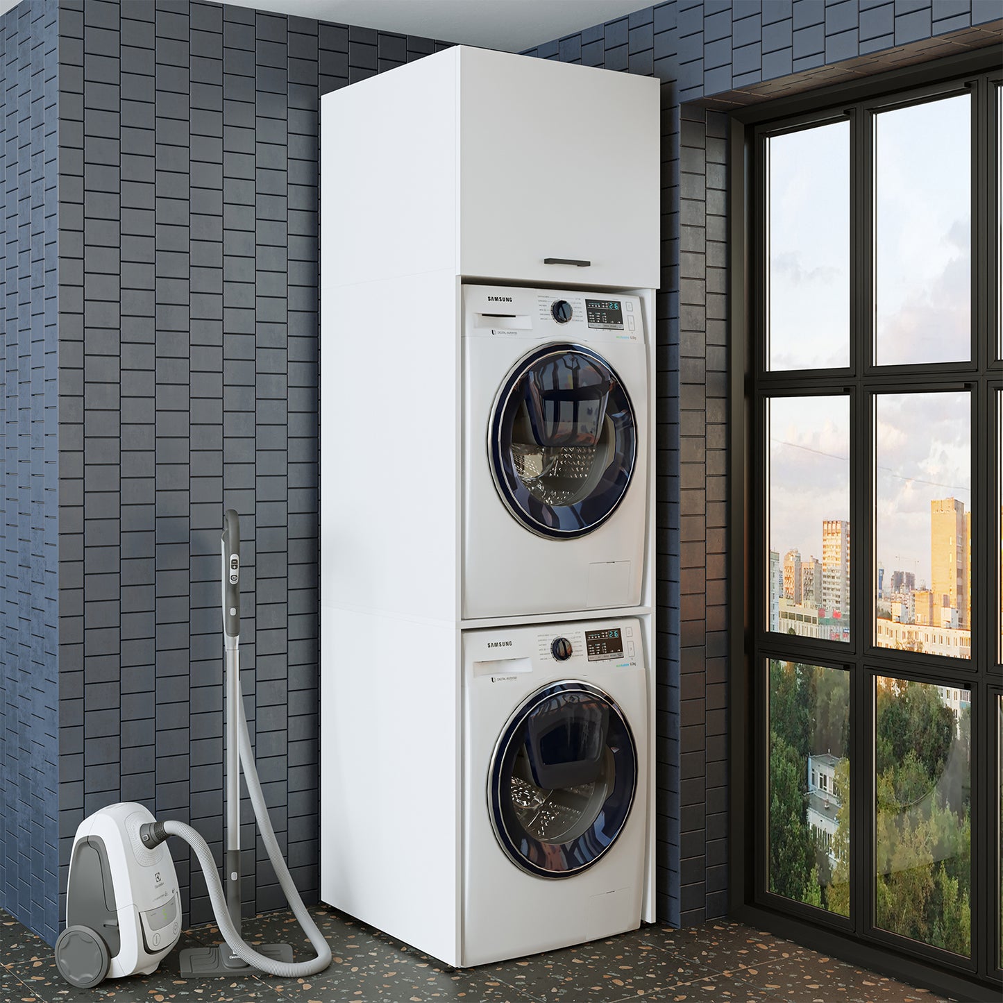 oneconcept, washing machine cabinet, stacking, washing machine cabinet, frame, over, drip tray, underframe, washing machine rack, intermediate frame, anti-slip mat, connecting frame, universal, vibration damper, return, buy, on, place, vibration damper, underframe, on top of each other, stable, detergent organizer, refrigerator, elevation, washing machine underframe, pedestal, drawer, drawers,