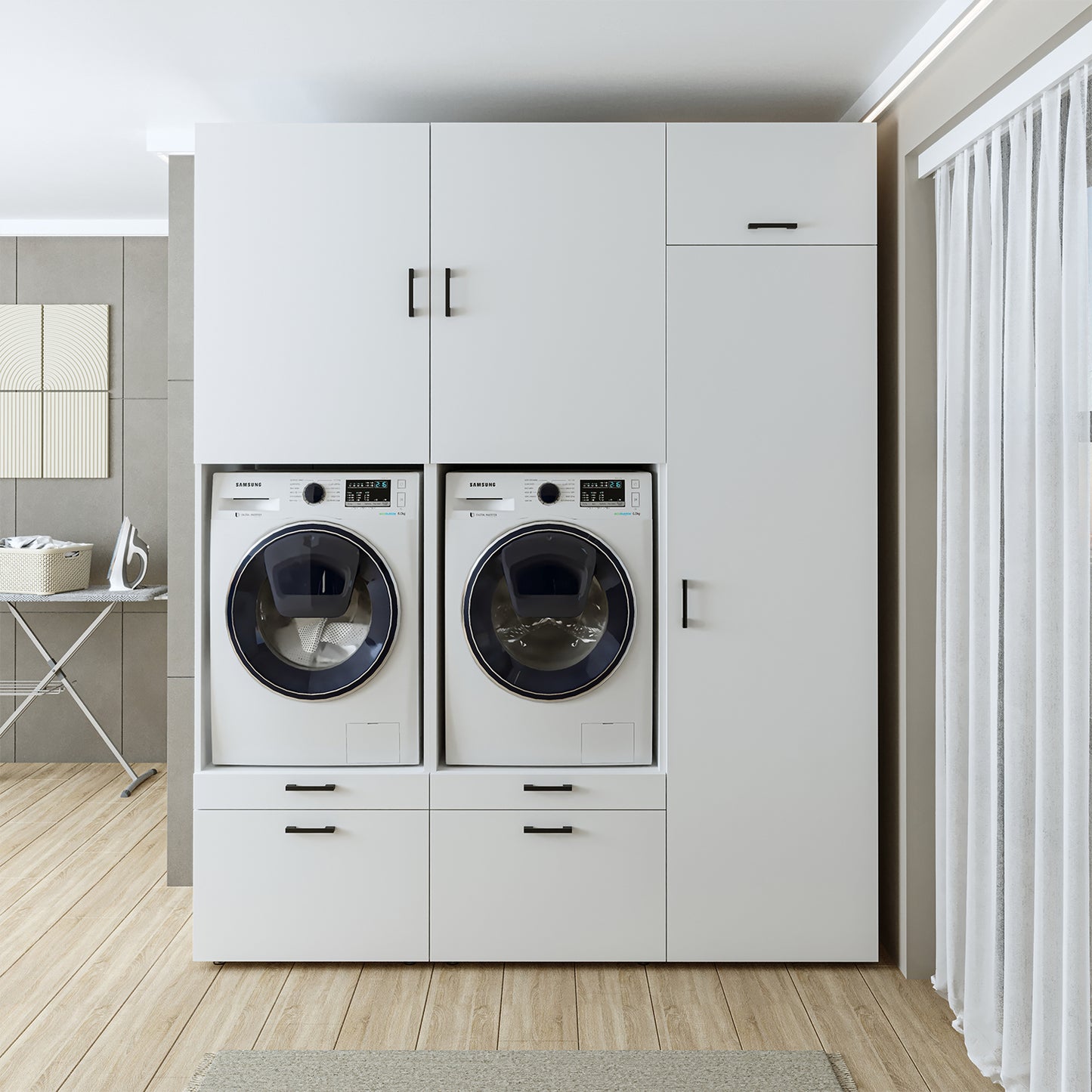 Roomart Waschmaschinenschrank Doppelschrank – SERIE 2 – Überbauschrank für Waschküche & Hauswirtschaftsraum – mit Ausziehbrett & Schubladen – in 3 Farben