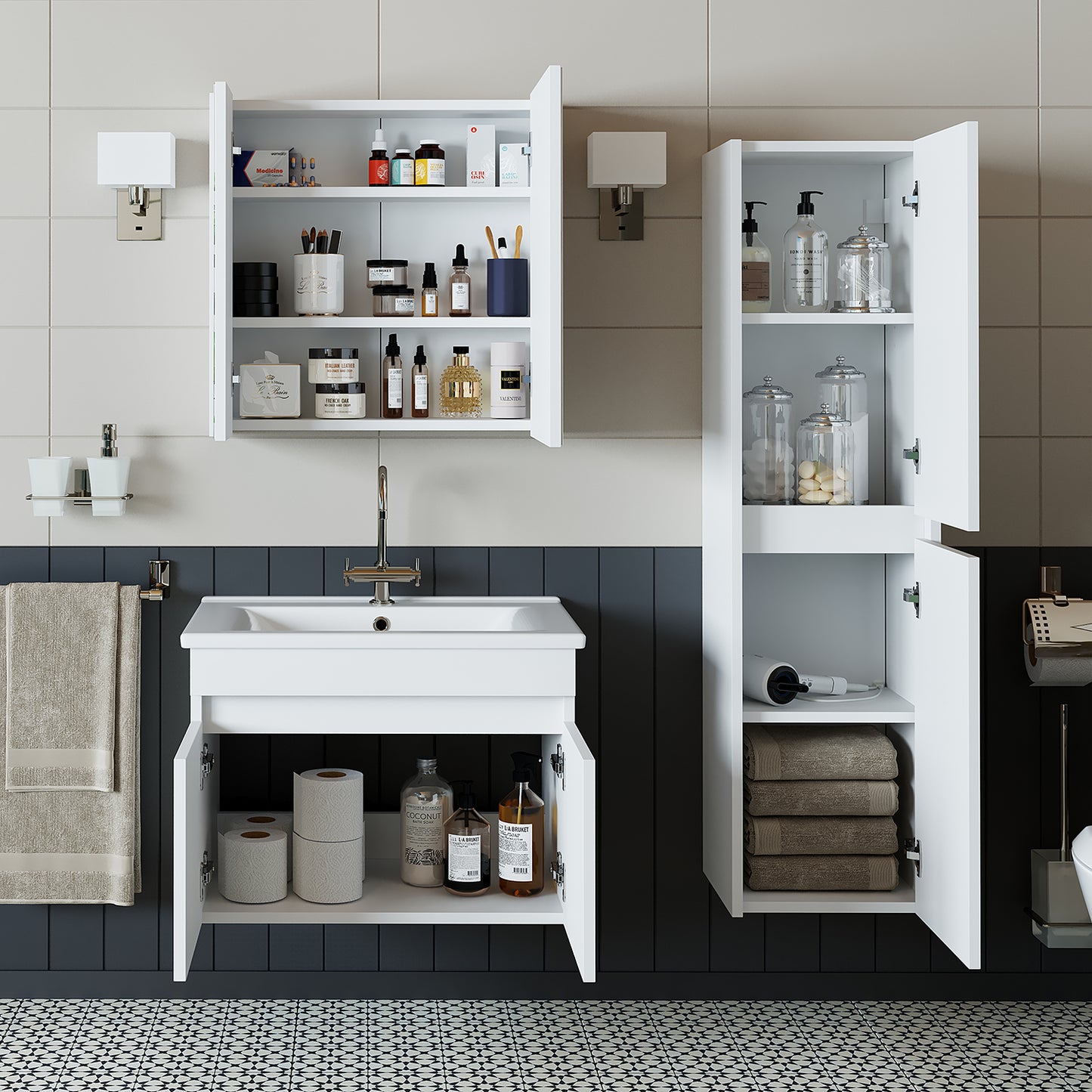 Roomart Ensemble de meubles de salle de bain ATRIA 65 cm Armoire basse avec lavabo Armoire haute - miroir salle de bain, armoire miroir salle de bain largeur 60 cm, armoire miroir salle de bain, armoire miroir avec éclairage, armoire miroir largeur 80 cm, armoires miroir pour salle de bain, miroir