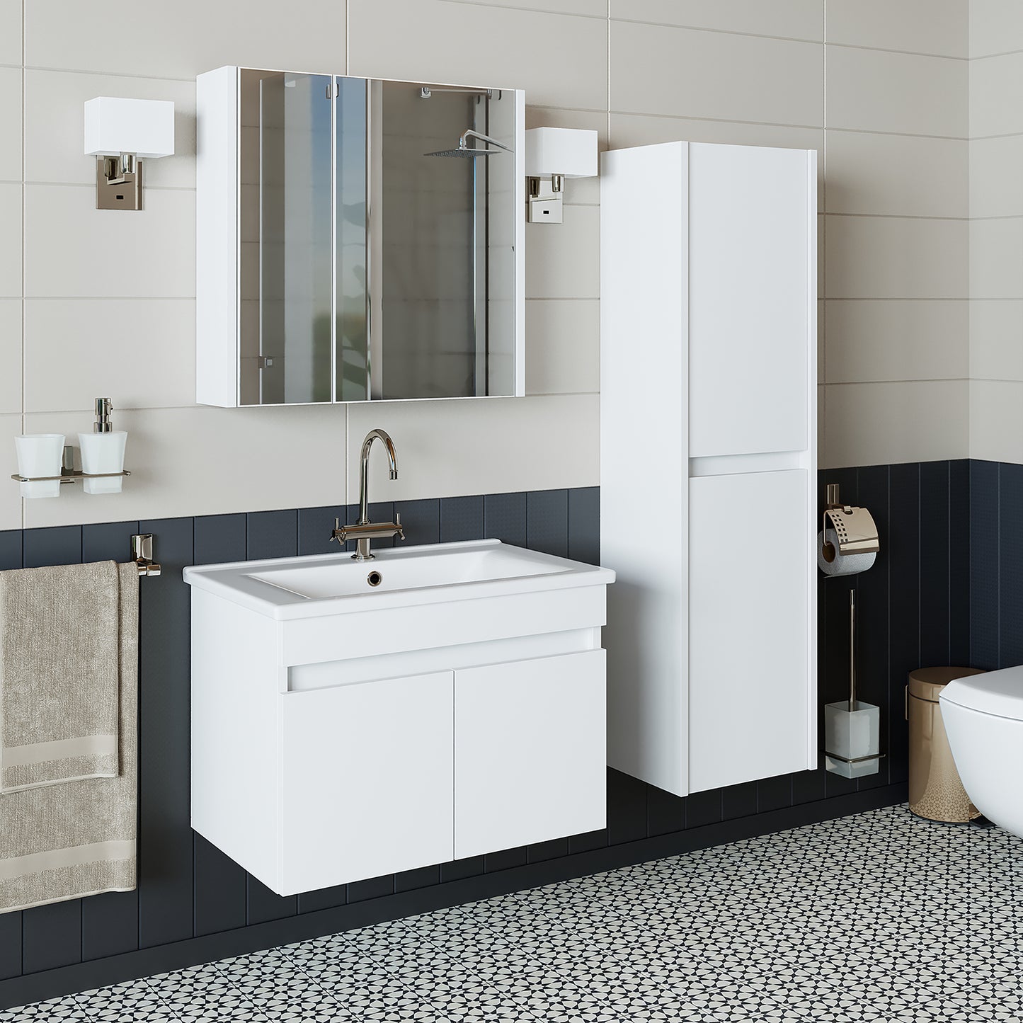 Roomart Ensemble de meubles de salle de bain ATRIA 65 cm Armoire basse avec lavabo Armoire haute - miroir salle de bain, armoire miroir salle de bain largeur 60 cm, armoire miroir salle de bain, armoire miroir avec éclairage, armoire miroir largeur 80 cm, armoires miroir pour salle de bain, miroir