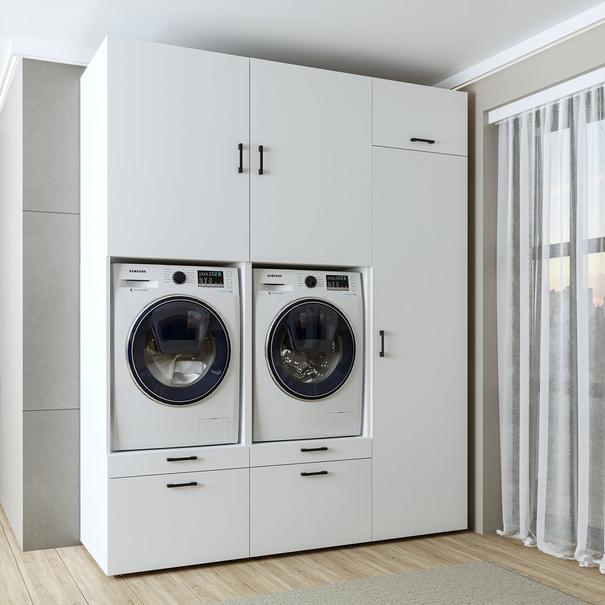 Roomart Waschmaschinenschrank SERIE 2, Doppelschrank mit Ausziehbrettern und Hochschrank, in 3 Farben