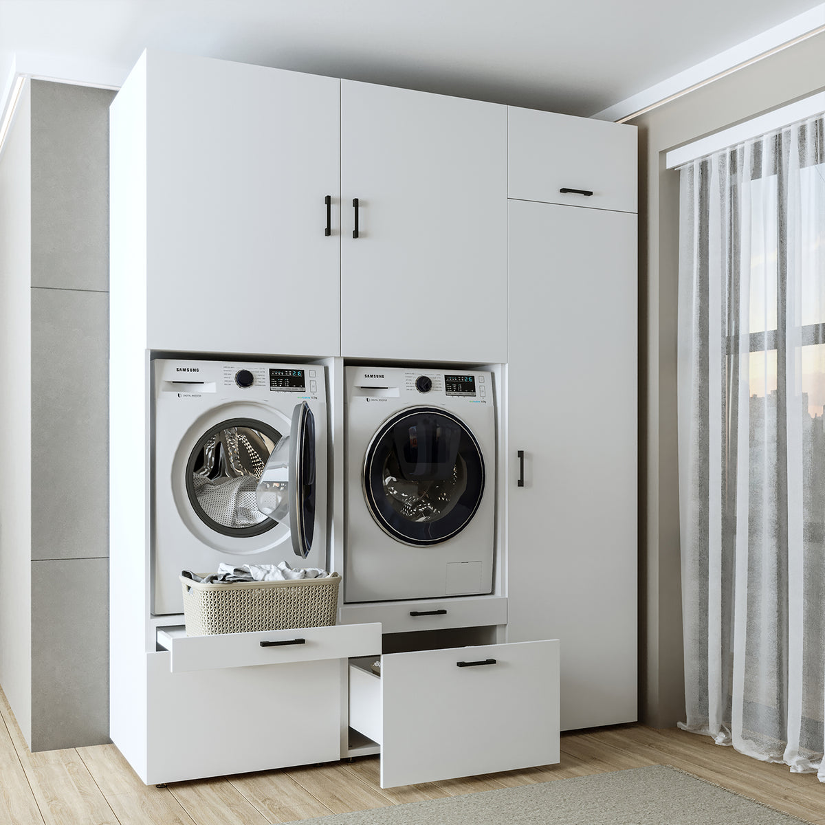 Roomart Waschmaschinenschrank SERIE 2, Doppelschrank mit Ausziehbrettern und Hochschrank, in 3 Farben