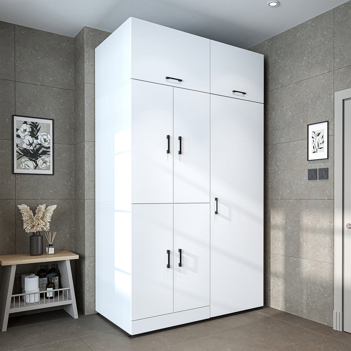 Armadio per lavatrice "DORA SET" per asciugatrice e lavatrice, larghezza 130 cm, in 4 colori, con ante e ripiano estraibile - bianco - rovere bianco - rovere antracite - rovere - armadio per lavatrice, scaffale per lavatrice, torre per lavatrice, armadio, bianco, lavatrice