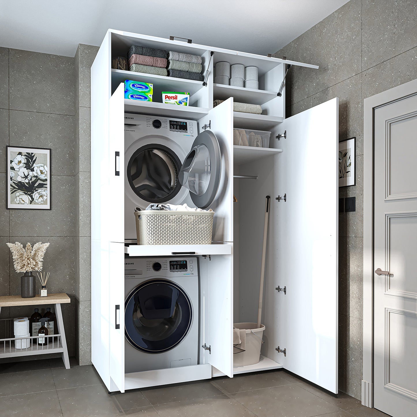 Roomart Waschmaschinenschrank " DORA SET" für Trockner & Waschmaschine, 130 cm breit, in 4 Farben, mit Türen & Ausziehbrett • Weiß • Weiß Eiche • Anthrazit Eiche • Eiche - waschmaschinenschrank, waschmaschinenregal, waschturm, schrank, weiß, waschmaschine