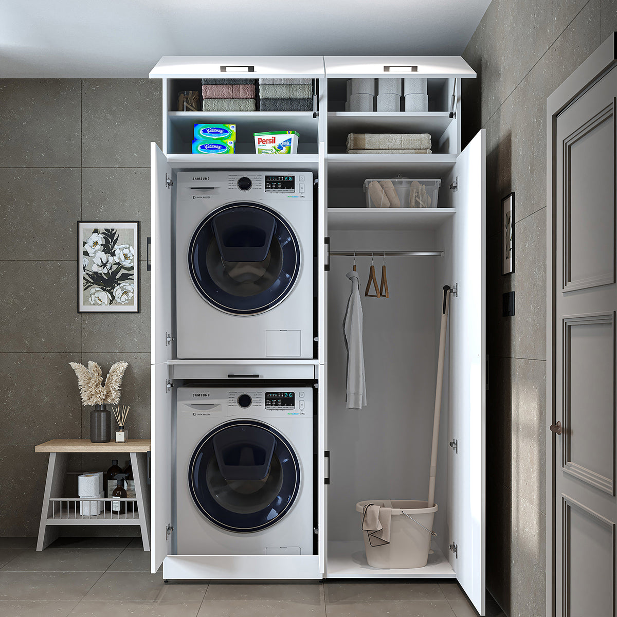 Armadio per lavatrice "DORA SET" per asciugatrice e lavatrice, larghezza 130 cm, in 4 colori, con ante e ripiano estraibile - bianco - rovere bianco - rovere antracite - rovere - armadio per lavatrice, scaffale per lavatrice, torre per lavatrice, armadio, bianco, lavatrice