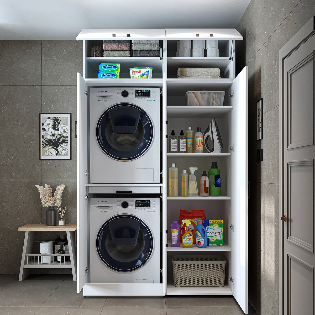 Roomart Waschmaschinenschrank DORA-I, 130 cm, mit Ausziehbrett und Hochschrank, 5 Farben