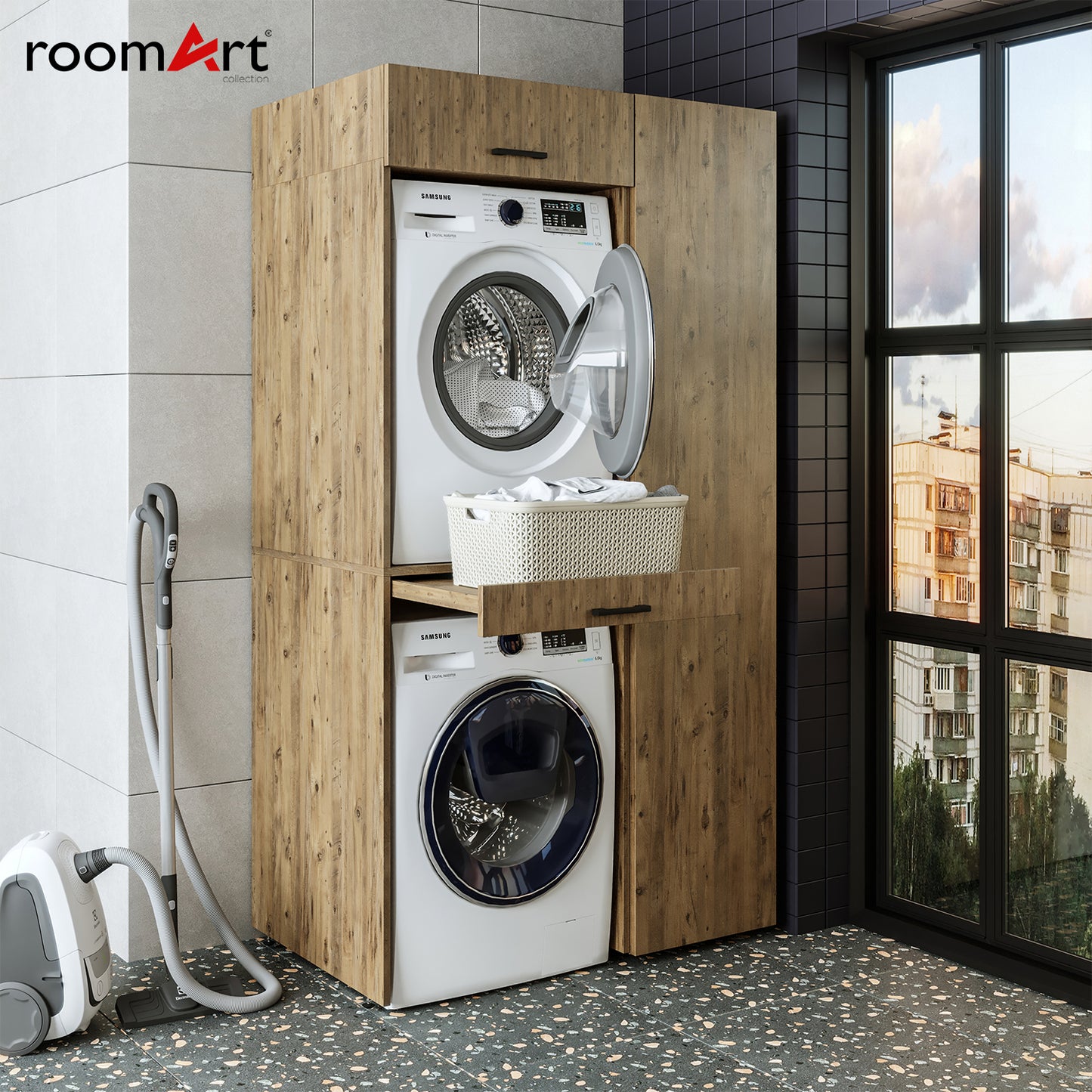 Roomart Waschmaschinenschrank, Trockner auf Waschmaschine • 112 cm breit • In 3 Farben - waschmaschinenschrank, waschmaschinenregal, waschturm, schrank, weiß, waschmaschinen, unterschrank, waschmaschine, trockner, haushaltsschrank, schränke, badschrank, h