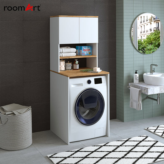 Roomart, Armoire de salle de bain pour machine à laver Atlantic, LHT : 65 x 181 x 60 cm, en chêne blanc, chêne anthracite - ensemble de meubles de salle de bain, vidage, lavabo, salle de bain, meubles, salle de bain, meuble sous-lavabo, cm, large, moderne, lavabo, profond, m