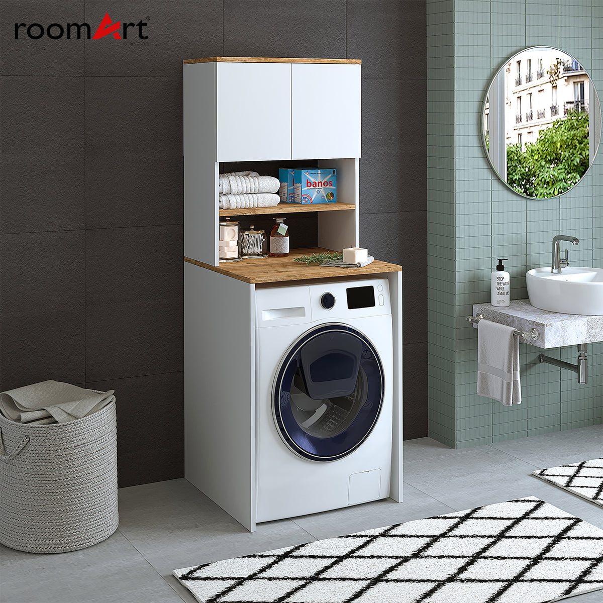 Roomart, Mobile lavatrice Atlantic, sovrastruttura per lavatrice, WDH: 65 x 181 x 60 cm, in rovere bianco, rovere antracite - mobili da bagno, set, scarico, lavabo, bagno, mobili, bagno, mobile lavabo, cm, largo, moderno, lavabo, profondo, m