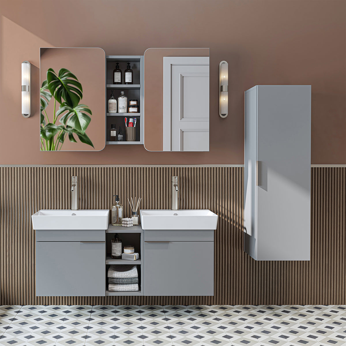 Roomart Badmöbel-Set LYCIA 120 cm, 4-teilig mit Doppelwaschtisch und Spiegelschrank, in 4 Farben