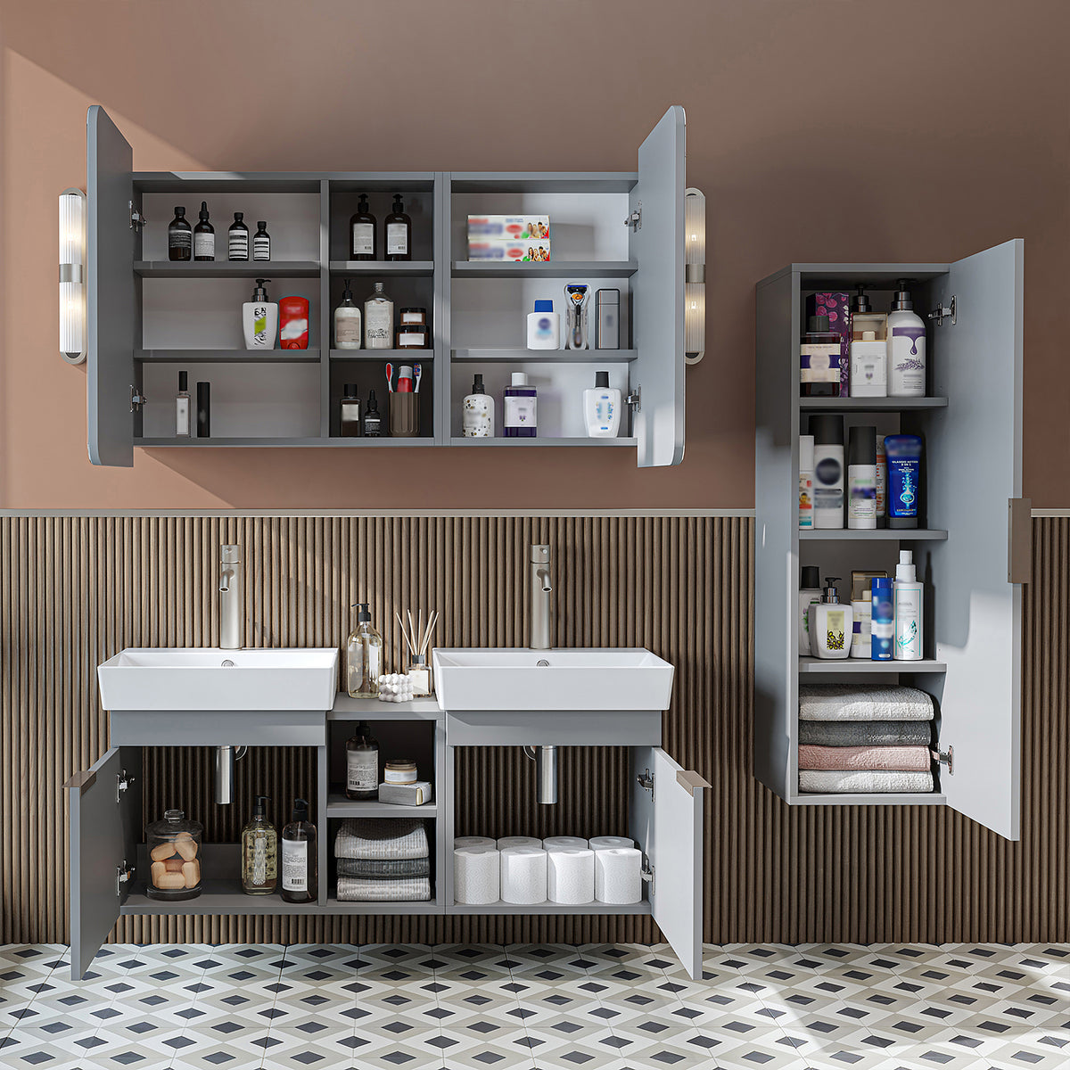 Roomart Badmöbel-Set LYCIA 120 cm, 4-teilig mit Doppelwaschtisch und Spiegelschrank, in 4 Farben