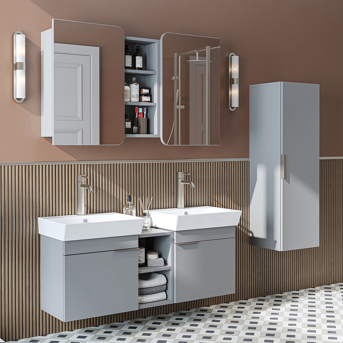 Roomart Badmöbel-Set LYCIA 120 cm, 4-teilig mit Doppelwaschtisch und Spiegelschrank, in 4 Farben