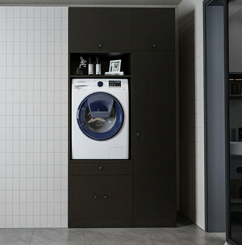 Roomart Schrankwand für Waschküche & Hauswirtschaftsraum - SERIE 1 - 114 cm breit, mit Ausziehbrett & Stauraum, Waschmaschinen-Schrankkombination, in 3 Farben (Weiß, Schwarz-Eiche)