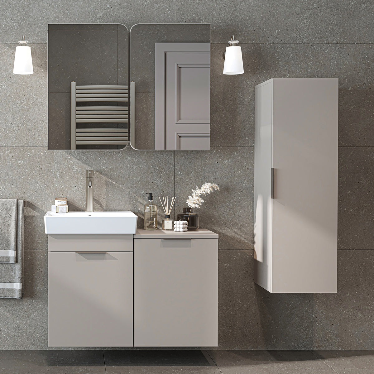 Roomart 4-teiliges Badmöbel-Set LYCIA, 49 cm, Waschtisch, Spiegelschrank und Hochschrank, in 4 Farben