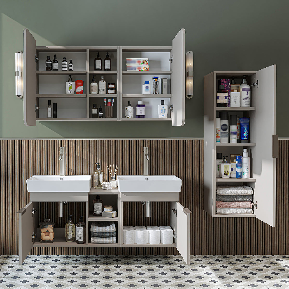 Roomart Badmöbel-Set LYCIA 120 cm, 4-teilig mit Doppelwaschtisch und Spiegelschrank, in 4 Farben