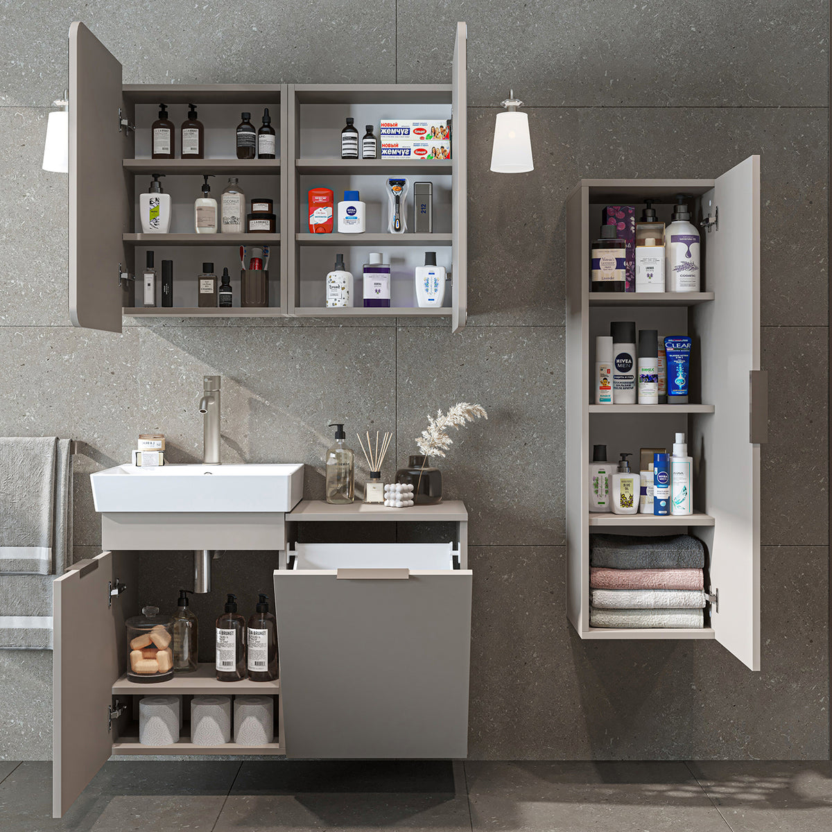 Roomart 4-teiliges Badmöbel-Set LYCIA, 49 cm, Waschtisch, Spiegelschrank und Hochschrank, in 4 Farben