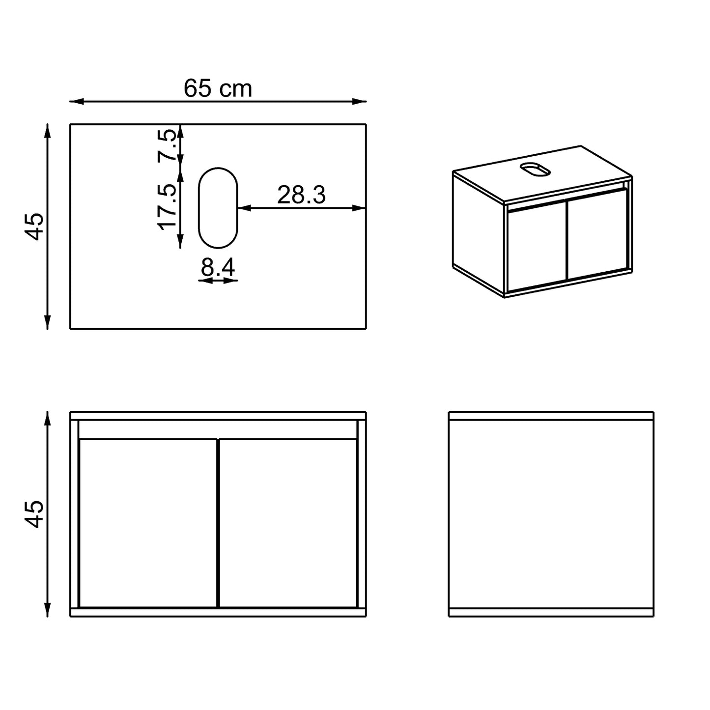 Roomart Juego de muebles de baño ATLANTIC 4 piezas, en 5 colores, mueble bajo de 65 cm con lavabo de cerámica - armario con espejo - armario alto