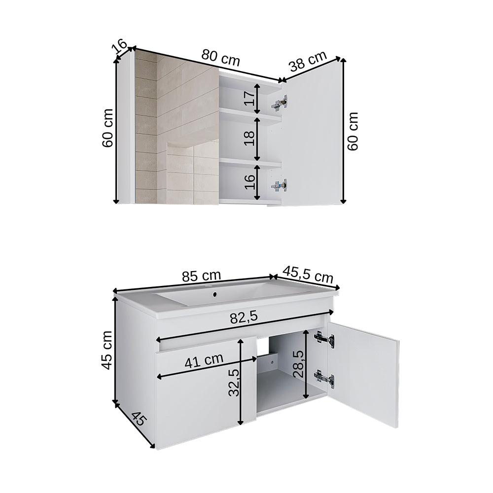 Roomart Badmöbel Set ATRIA 3 Teilig, in 4 Farben, 85 cm Unterschrank mit Keramikwaschbecken • Spiegelschrank