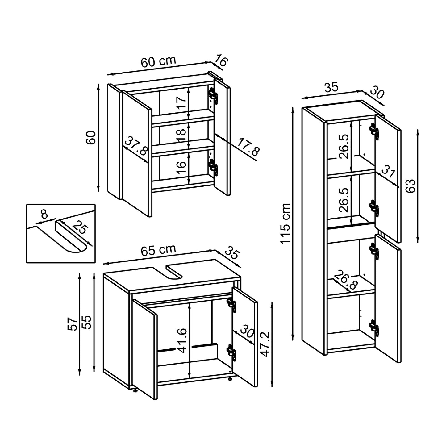 Roomart Badmöbel Set MELONA 3-teilig, in 4 Farben, 65cm Unterschrank • Spiegelschrank • Hochschrank-badezimmerschrank, waschbecken, badezimmermöbel, badschrank, badezimmer, mit, unterschrank, badmöbel, set, waschtisch, möbel, badezimmermãbel, bad, badezim