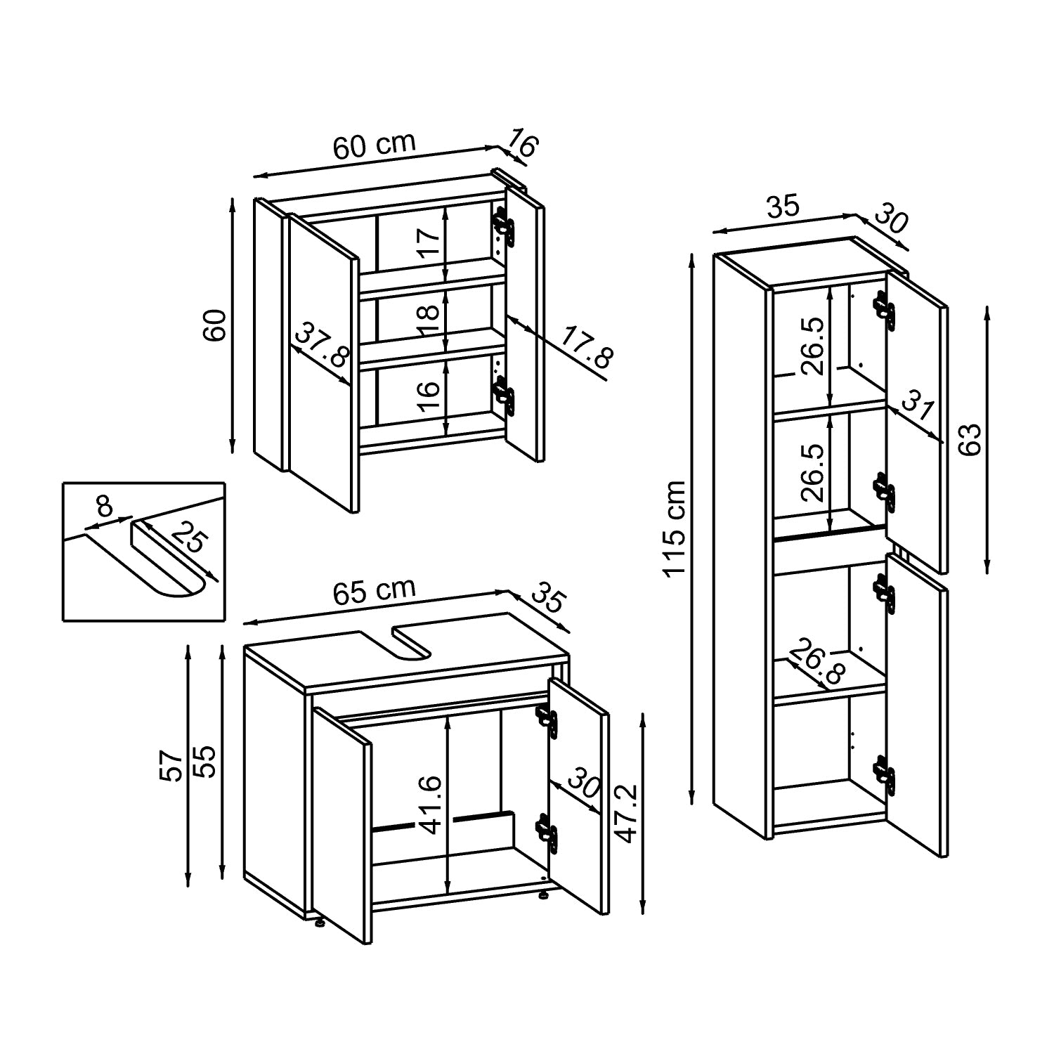 Roomart Badmöbel Set MELONA 3-teilig, in 4 Farben, 65cm Unterschrank • Spiegelschrank • Hochschrank-badezimmerschrank, waschbecken, badezimmermöbel, badschrank, badezimmer, mit, unterschrank, badmöbel, set, waschtisch, möbel, badezimmermãbel, bad, badezim
