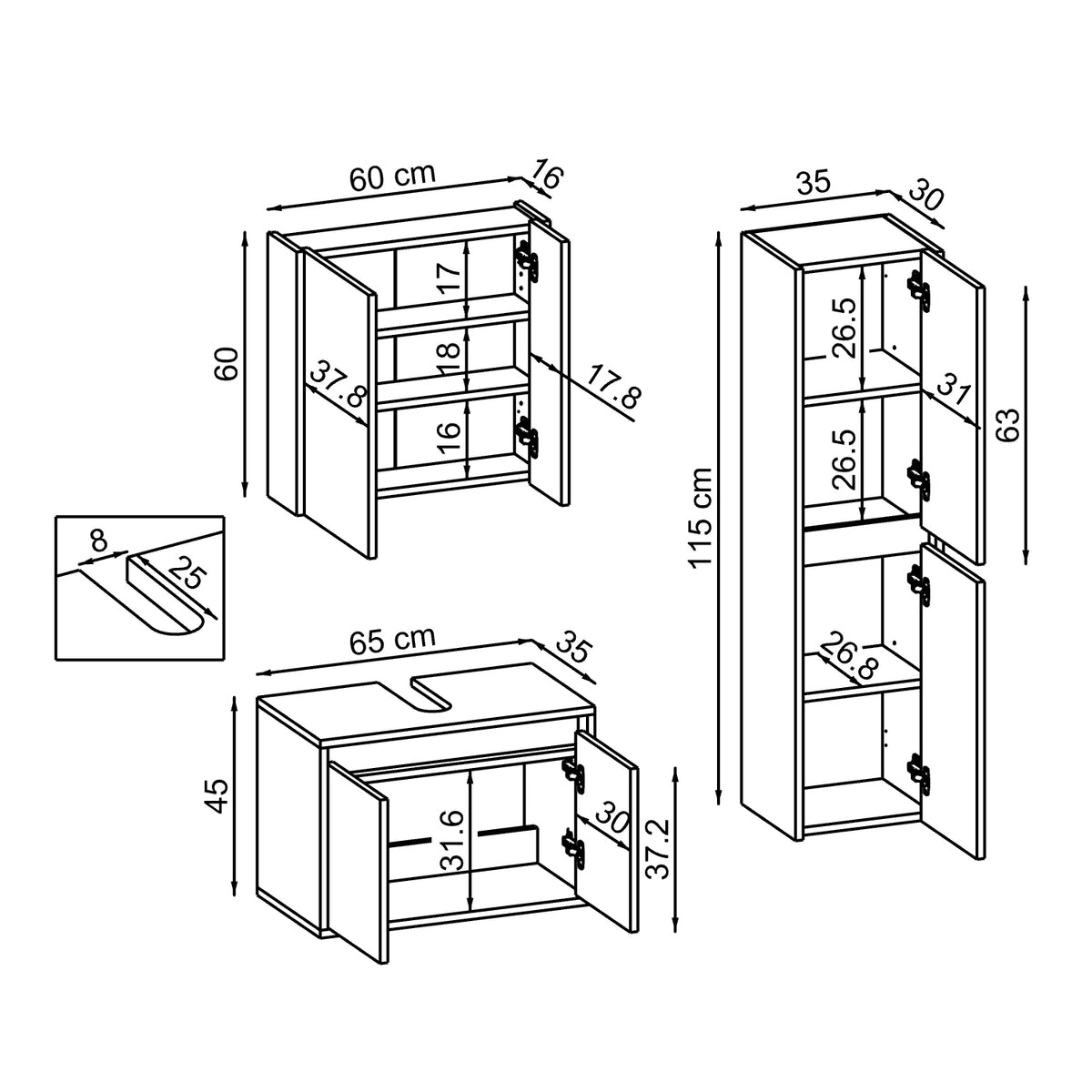Set di mobili da bagno Roomart MELONA 3 pezzi, in 4 colori, mobiletto da 65 cm - specchiera - colonna - mobili da bagno, set, lavabo, lavatoio, bagno, mobili da bagno, mobili da bagno, mobile da bagno, mobile da lavabo, cm, largo, moderno, lavabo, profondo, con, mobiletto da bagno