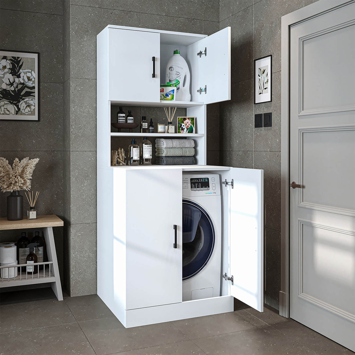 Roomart, meuble de salle de bain pour lave-linge ATRIA, superstructure pour lave-linge, L x H x P : 70 x 180 x 69 cm, en chêne blanc, meuble pour lave-linge en chêne anthracite, étagère pour lave-linge, tour de lavage, meuble, blanc, machines à laver, meuble bas, lave-linge, sèche-linge, maison